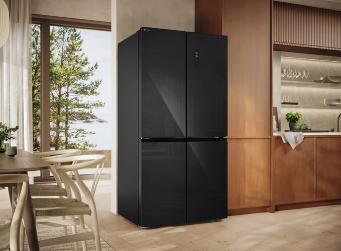 Black Electrolux four-door French-door refrigerator in a modern kitchen