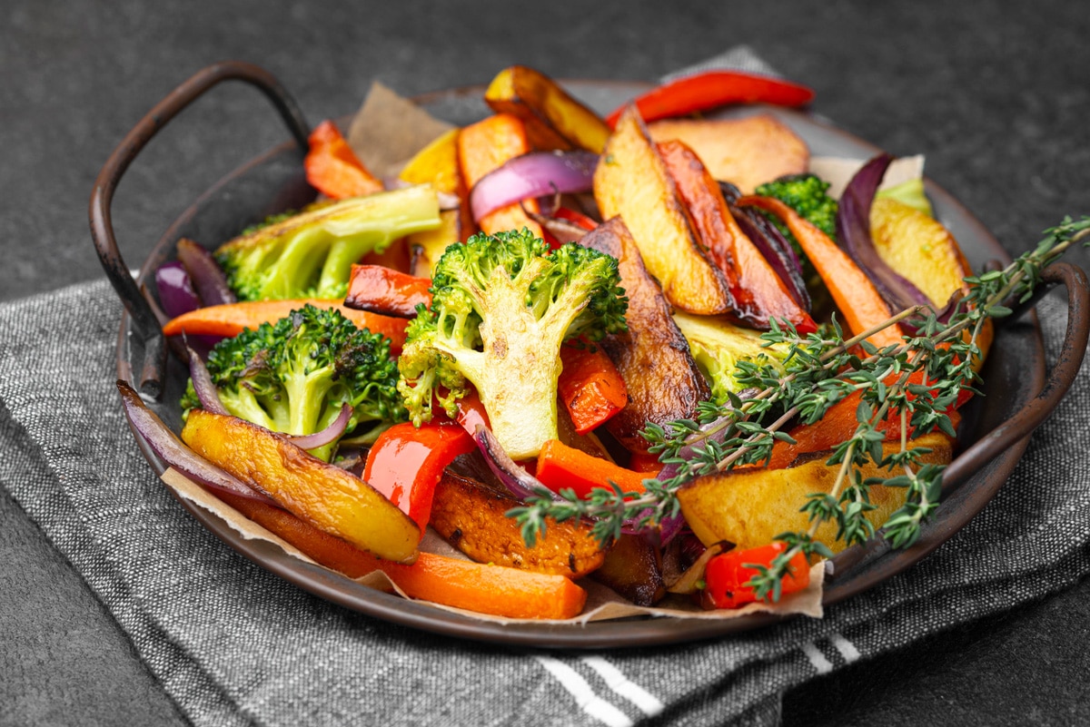 A dish of roasted vegetables