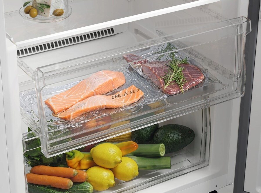 Raw salmon and meat safely stored in a dedicated Electrolux fridge chill drawer