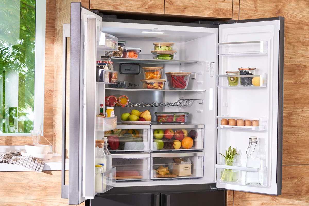 Open refrigerator with organized food