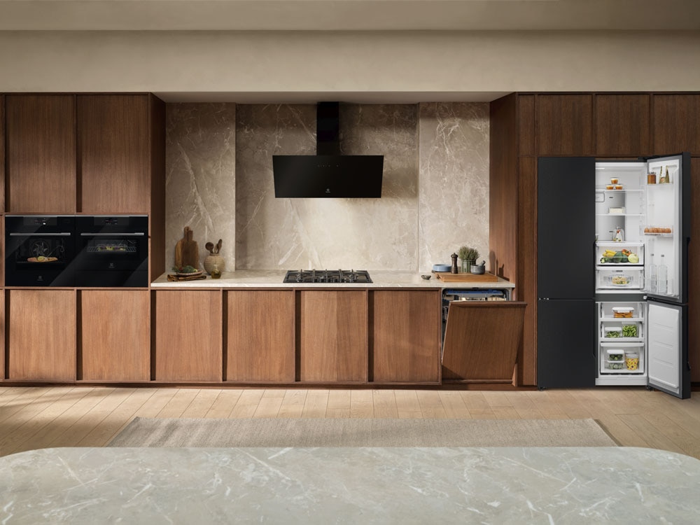 Matching Electrolux built-in ovens, cooktop, dishwasher and refrigerator in one kitchen